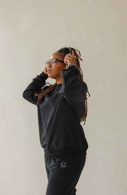 Black Crewneck- Fuzzy Lettering + Artsy Logo