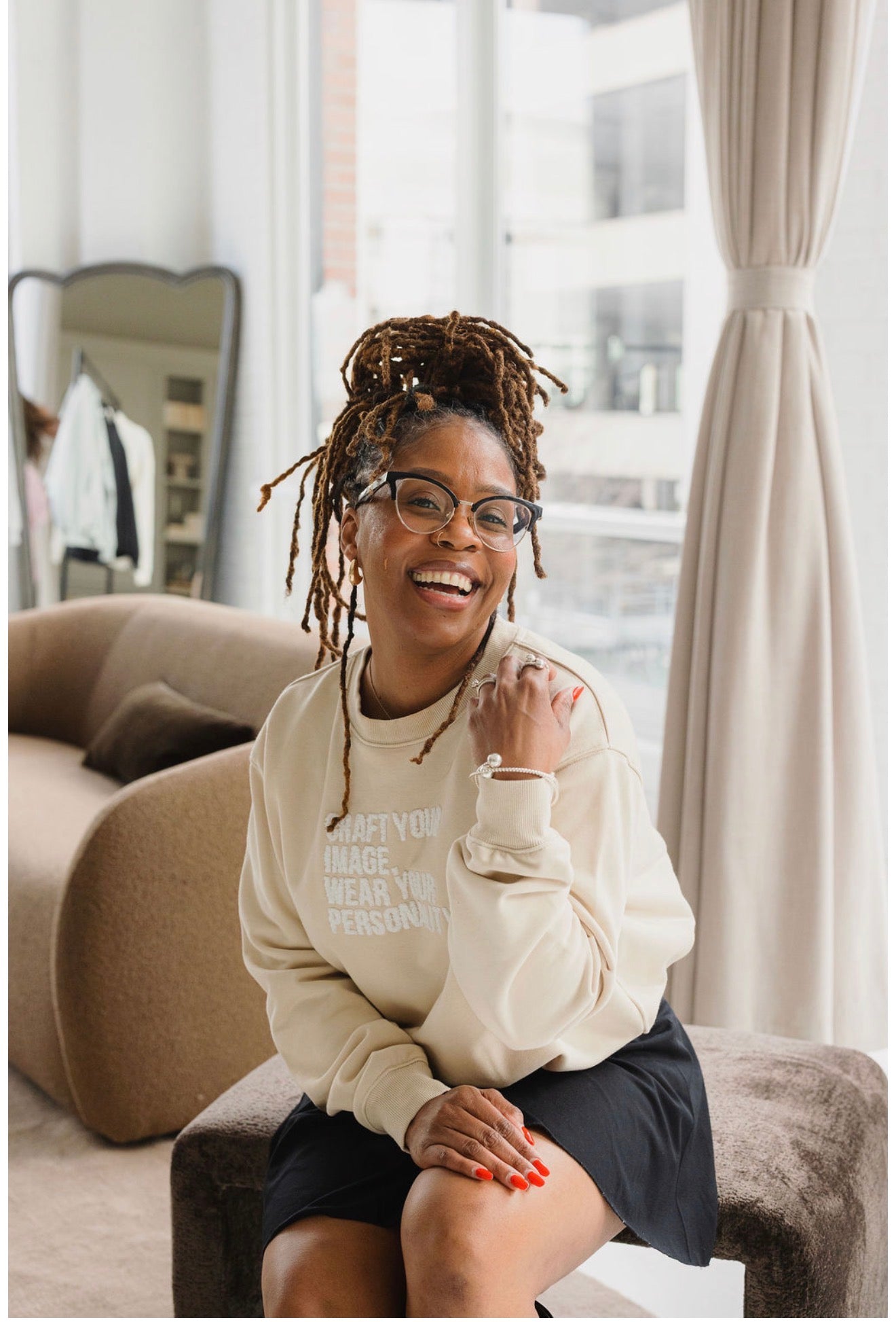Beige Crewneck- Fuzzy Tagline + Back Embroidery
