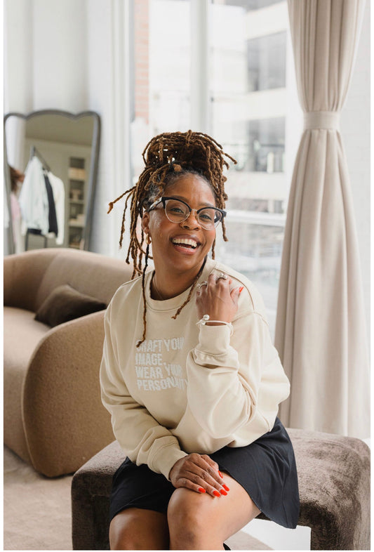Beige Crewneck- Fuzzy Tagline + Back Embroidery