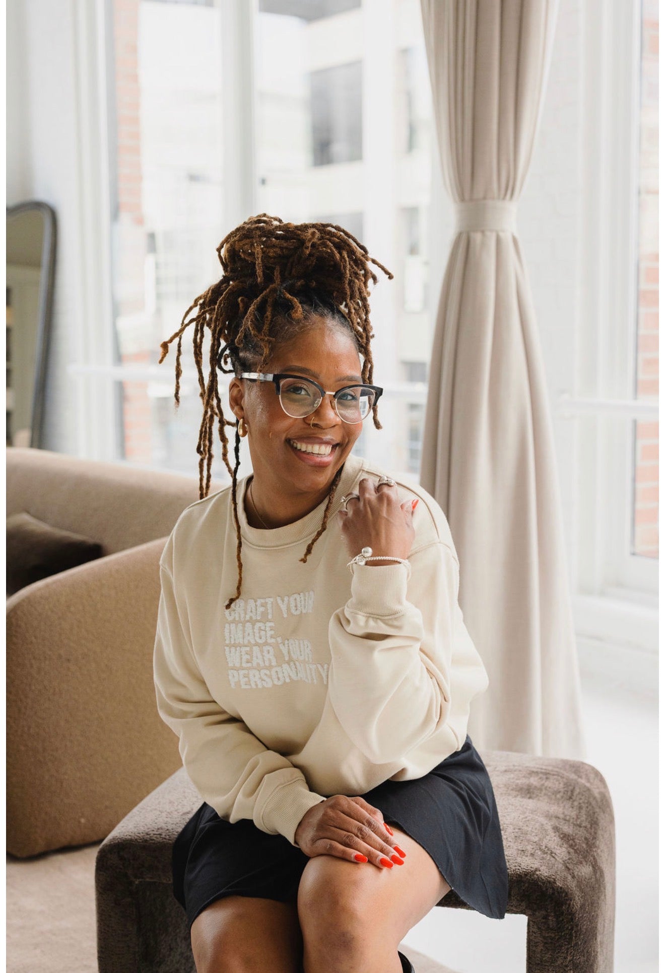 Beige Crewneck- Fuzzy Tagline + Back Embroidery