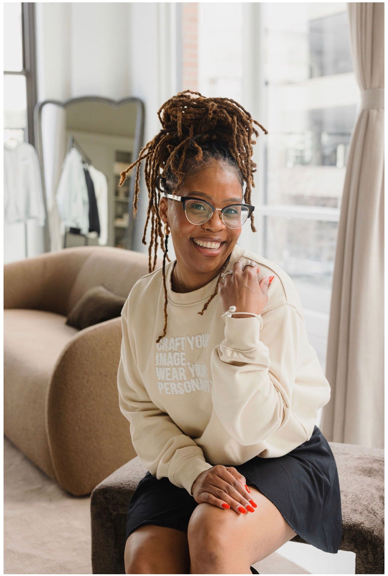 Beige Crewneck- Fuzzy Tagline + Back Embroidery